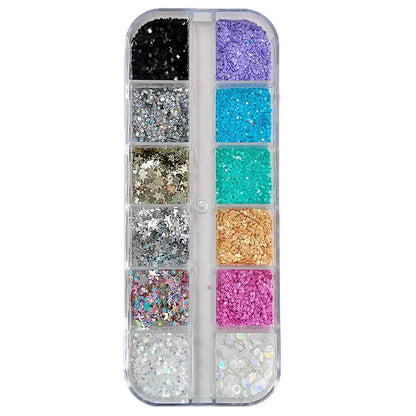 NF x HZ-101 colourful star nail sequins in a clear 12-grid box, with metallic, colourful and iridescent decorative assortments.