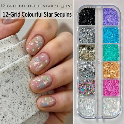 NF x HZ-101 colourful star nail sequins in a 12-grid organizer beside sheer nails decorated with stars and round accents.