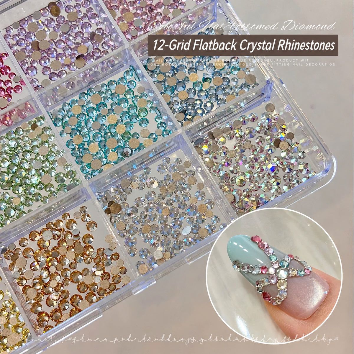 NF x mixed colour flatback crystal nail rhinestones showing faceted fronts and flat backs, with an example decorated nail.