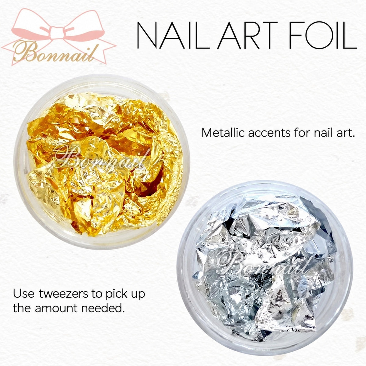 Gold-tone and silver-tone nail art foil flakes in separate clear containers, showing the two colours sold individually by NF.