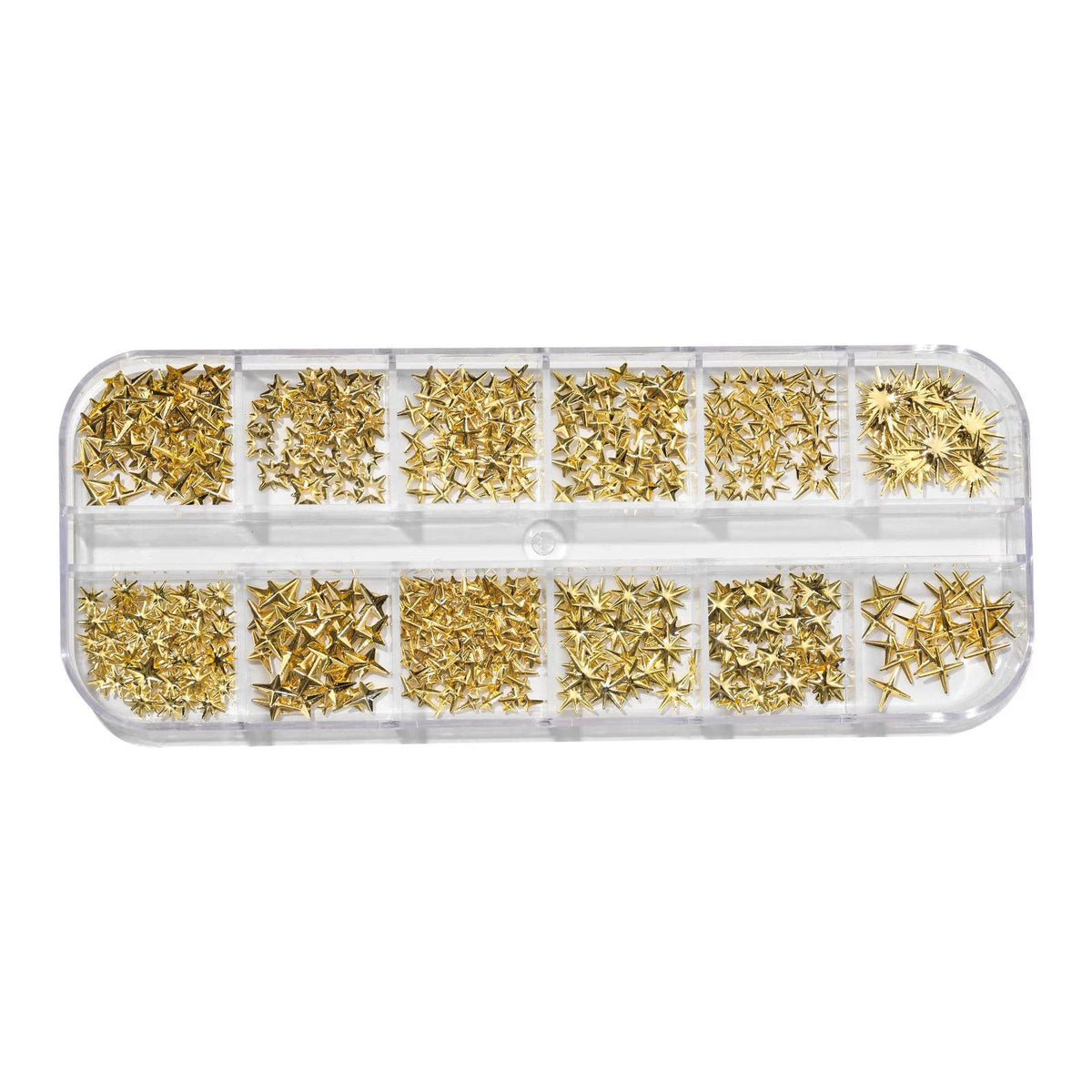 NF x Gold Starbust Studs in a clear 12-grid organizer, showing assorted gold-tone star and starburst metal nail decorations.