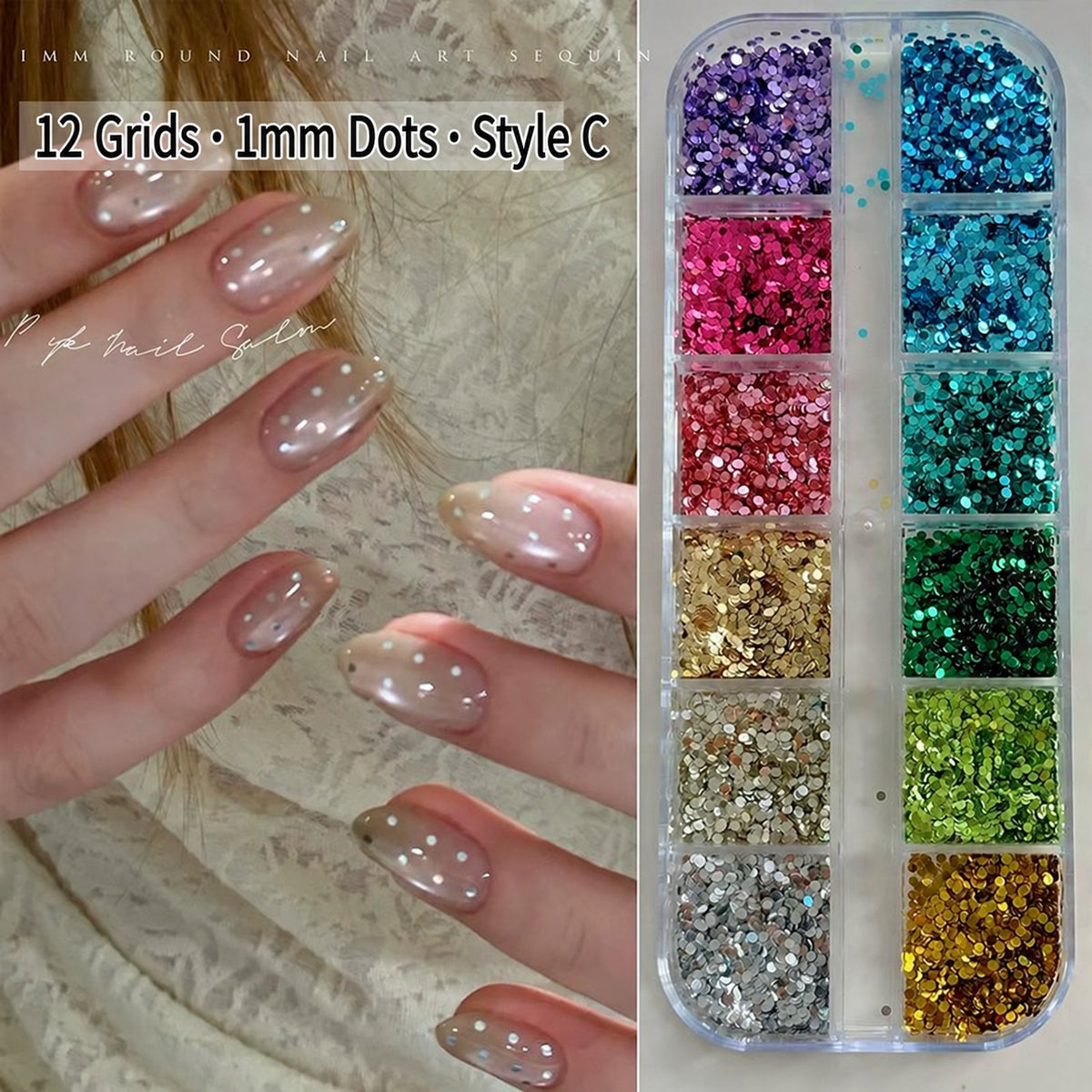 NF x HZ-103 Style C 1mm round nail sequins in 12 colours, shown in a clear organizer beside sheer nails with tiny dot accents.
