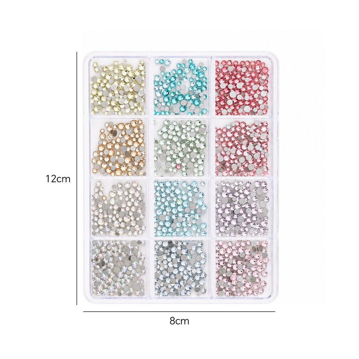 NF x mixed colour round flatback crystal nail rhinestones in a clear 12-grid box, with dimensions marked 12cm by 8cm.