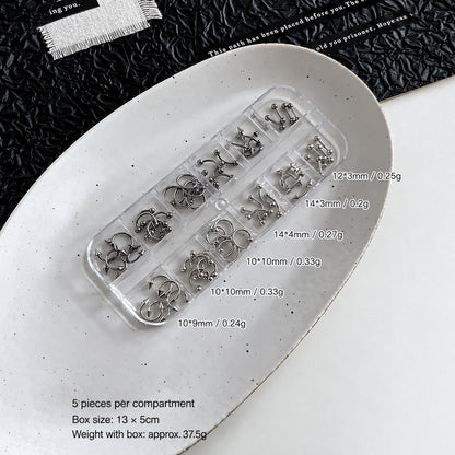 NF x Punk Metal Piercing Charms 12-grid mixed set with size labels, 60 pieces and a clear storage box measuring approximately 13 by 5cm.