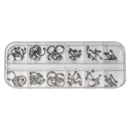 NF x Punk Metal Piercing Charms in a clear 12-grid organizer, with mixed silver-tone and gunmetal rings and barbell designs.