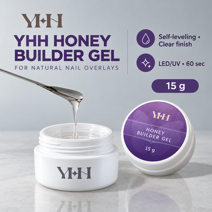 YHH Honey Builder Gel 15g with clear self-leveling gel texture for natural nail overlays.