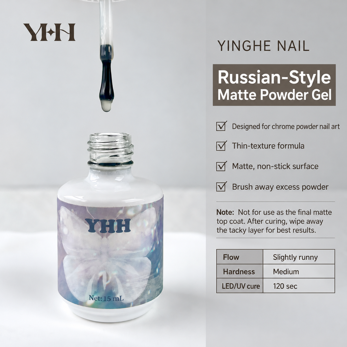 NF x YHH Russian-Style Matte Powder Gel for chrome powder nail art, 15 mL
