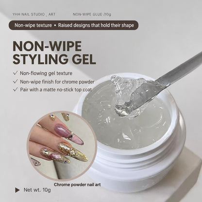 NF x YHH Non-Wipe Styling 3D Texture Gel 10g with a close-up of the clear gel and a chrome powder nail art example.