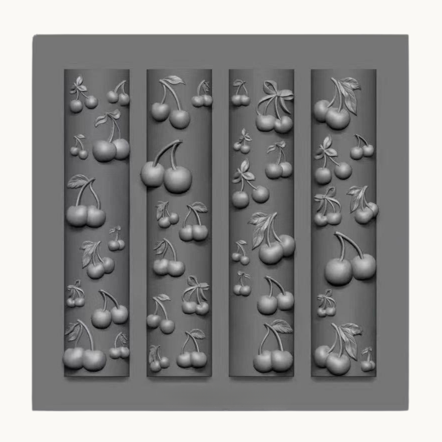 NF Select Cherry 3D Nail Mold, clear silicone mold with various sizes and styles of cherry designs for cute nail art