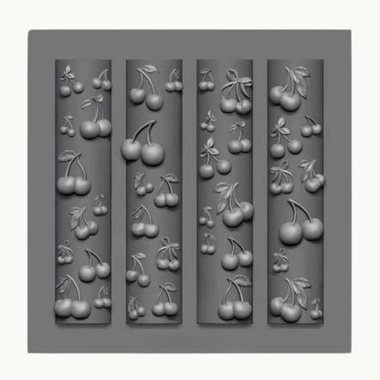 NF Select Cherry 3D Nail Mold, clear silicone mold with various sizes and styles of cherry designs for cute nail art