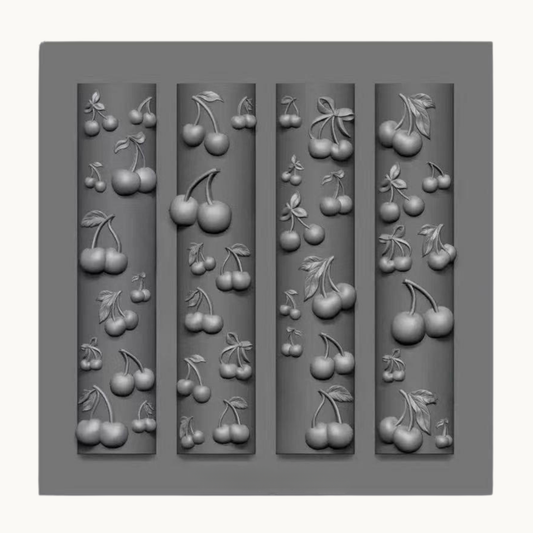 NF Select Cherry 3D Nail Mold, clear silicone mold with various sizes and styles of cherry designs for cute nail art