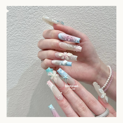 NF Select Ice Flower Nail Mold application, showing finished 3D flower nail charms on soft, dreamy manicures