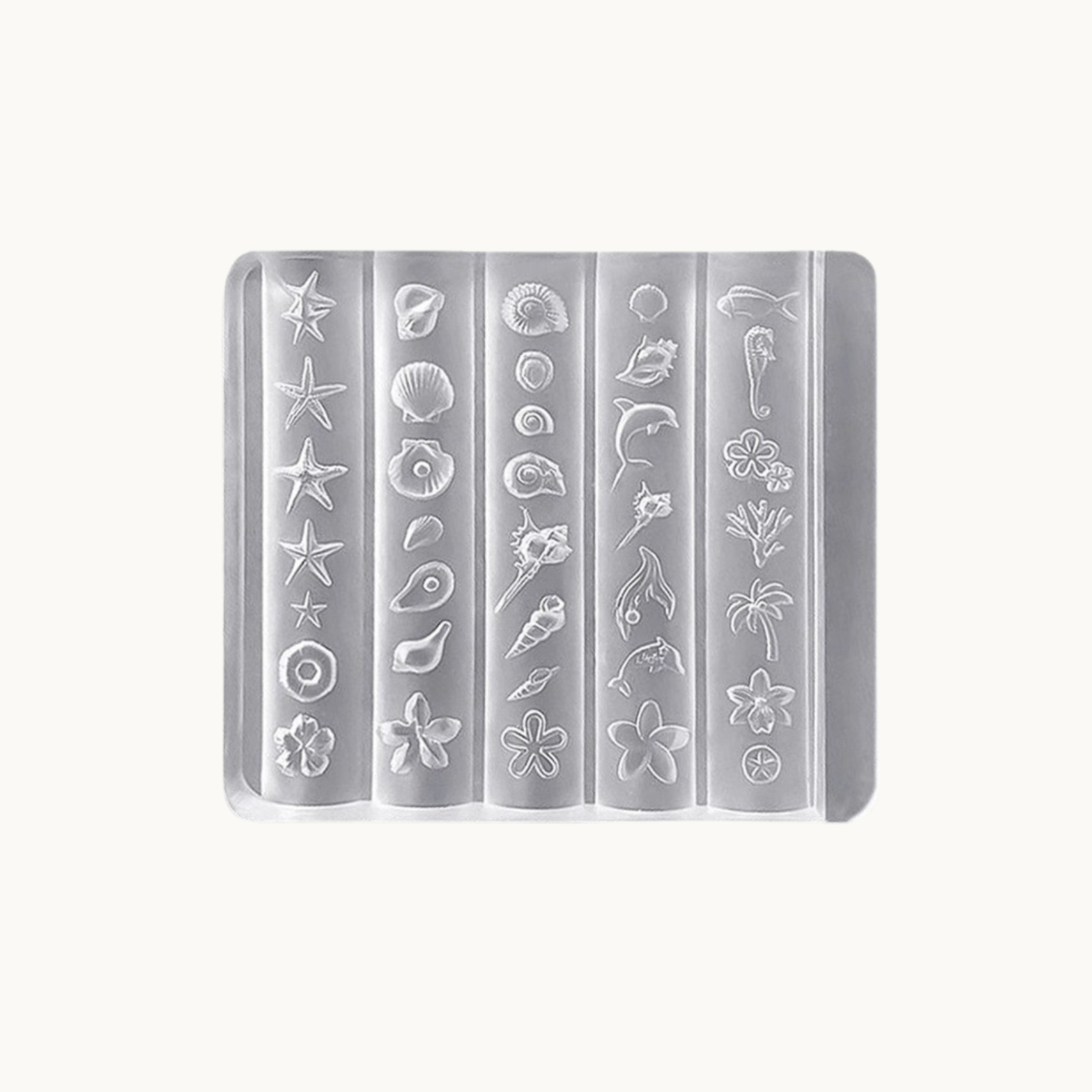 NF Select Ocean Seashell 3D Nail Art Mold, clear silicone mold for making sea-themed nail charms like starfish, seashells, dolphins and flowers