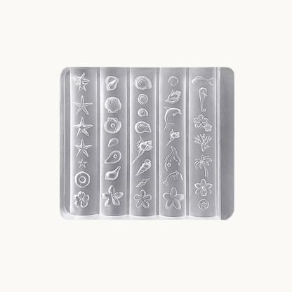 NF Select Ocean Seashell 3D Nail Art Mold, clear silicone mold for making sea-themed nail charms like starfish, seashells, dolphins and flowers