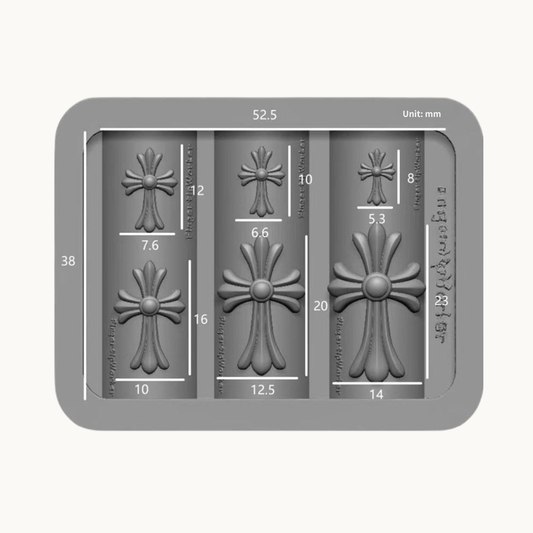 NF Select Punk Cross Nail Mold, multi-size silicone mold for 3D cross nail art decorations, dimensions in mm