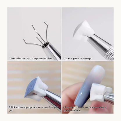 Step by step tutorial using NFormula nail sponge holder with mini sponge cubes to create gradient, aura and blush nail art effects