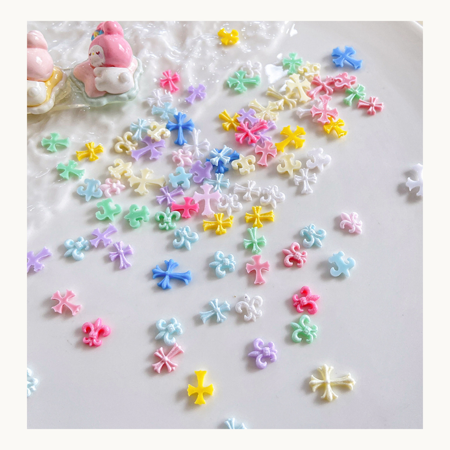 Pastel cross resin nail charms in dopamine colors for 3D nail art, cute Y2K nail decorations for salon and DIY use in USA and Canada