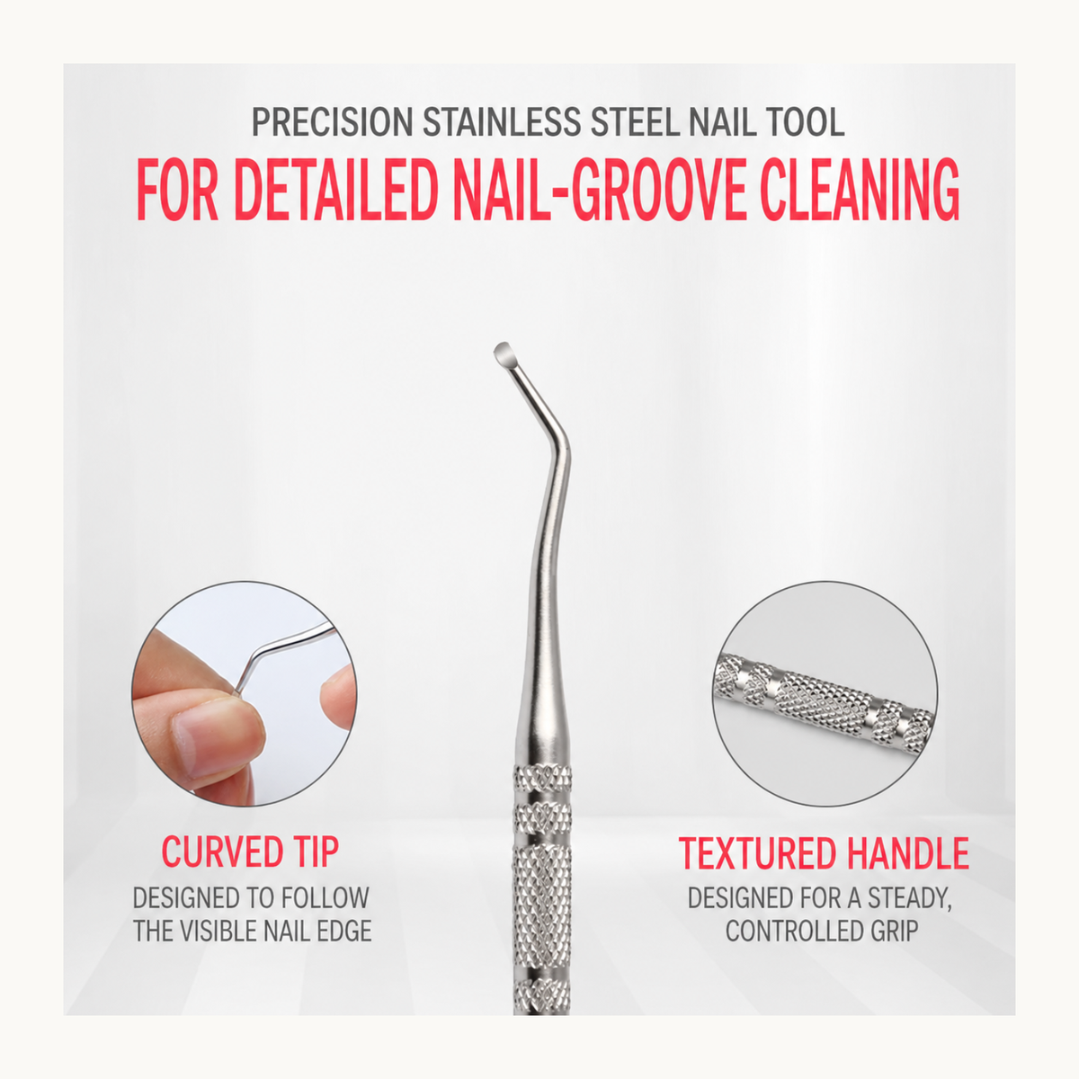 Precision stainless steel nail groove cleaner with a curved tip and textured handle for controlled manicure and pedicure detail work.