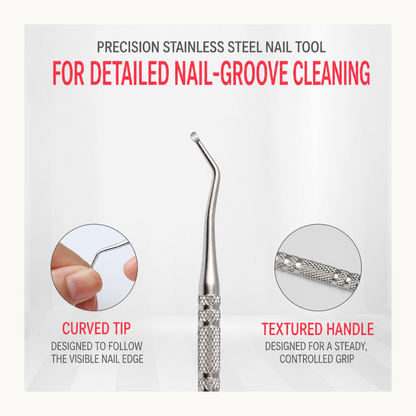 Precision stainless steel nail groove cleaner with a curved tip and textured handle for controlled manicure and pedicure detail work.