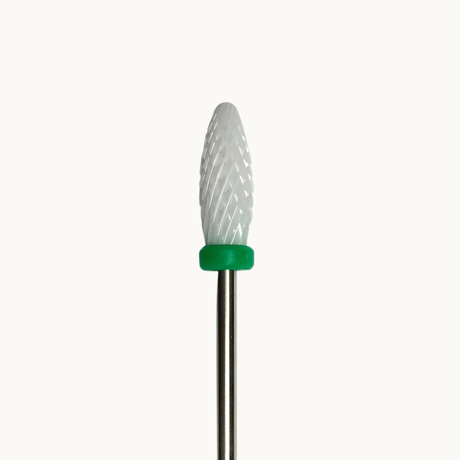 Professional ceramic nail drill bit with coarse grit cone shape for fast gel removal, bulk product reduction, and precise sidewall and curved nail surface work