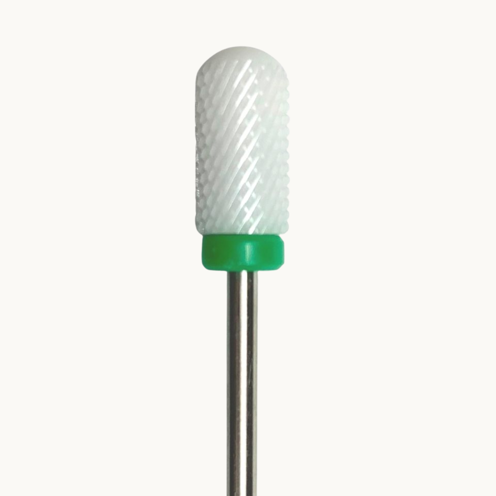 Professional ceramic nail drill bit with coarse grit rounded safety barrel shape for fast gel removal, bulk product reduction, and safer cuticle edge contact during removal work