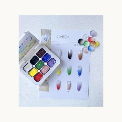 Gel color palette beside a multi-shade nail swatch chart