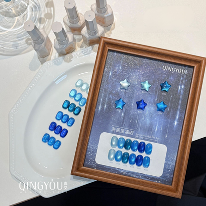 QINGYOU blue gel polish collection with nail swatches