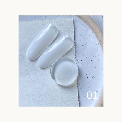 Glossy white gel color swatches labeled 01