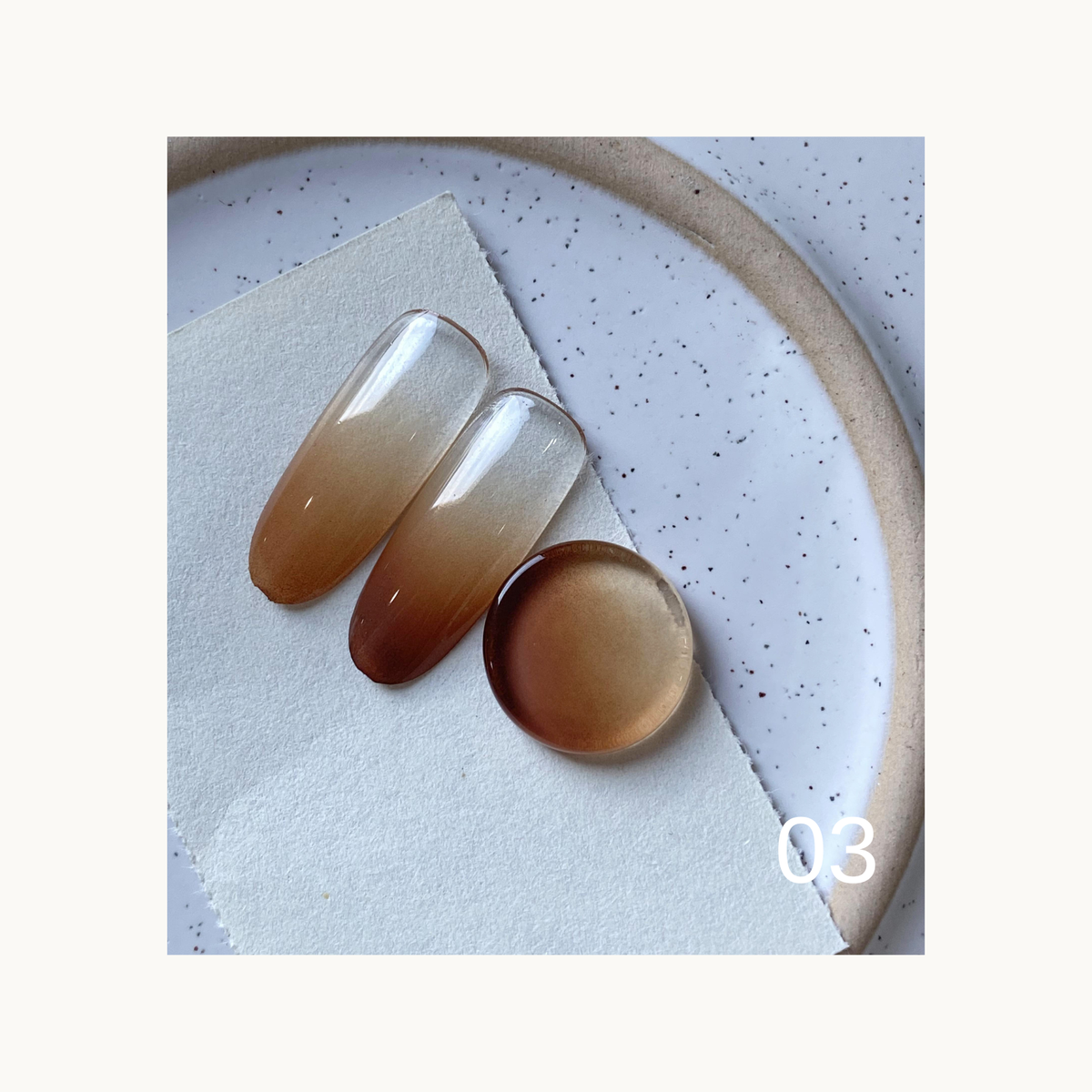 Warm brown gradient gel color swatches labeled 03