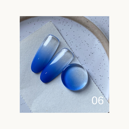 Deep blue gradient gel color swatches labeled 06