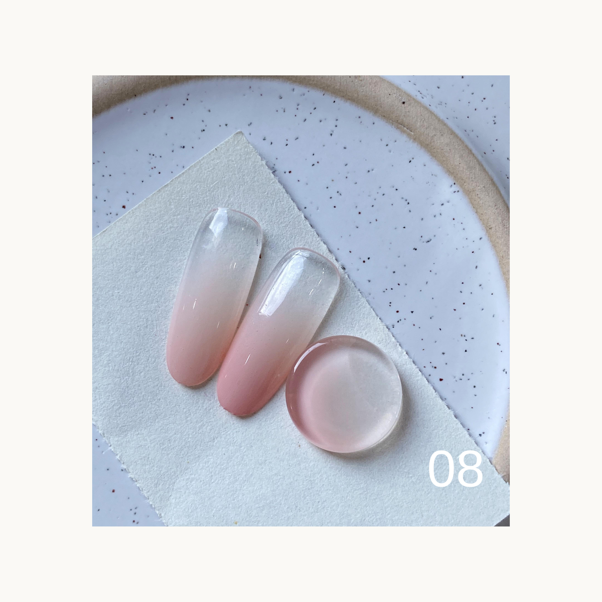 Soft pink gradient gel color swatches labeled 08