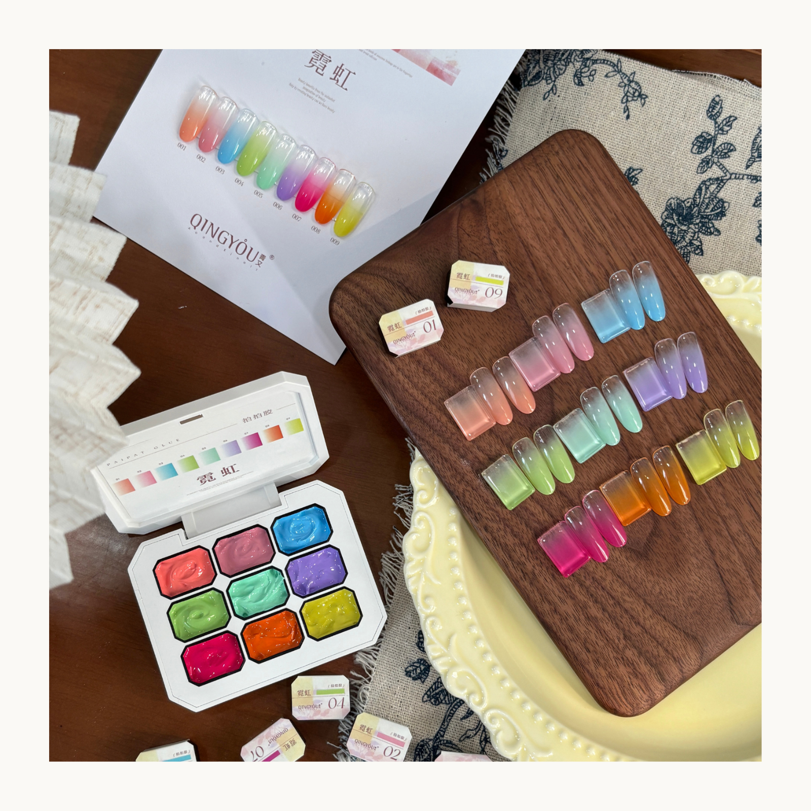 QINGYOU 9-Color Neon Tap Gel Palette| Gradient · Stamping · No-Wipe ...