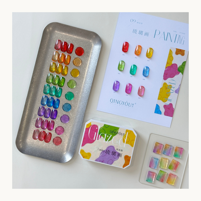 QINGYOU glazed painting gel 9-color palette with jelly translucent swatches and color chart for nail art