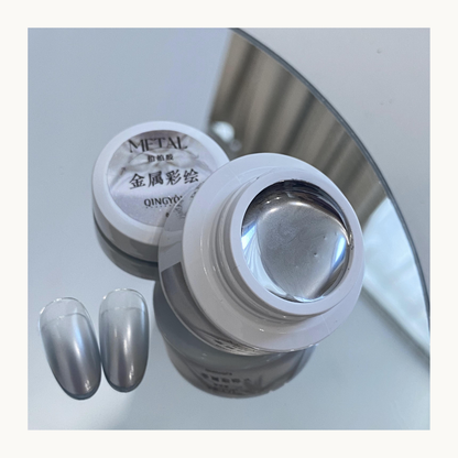 Silver chrome metal gel with two nail swatches showing strong mirror reflection effect