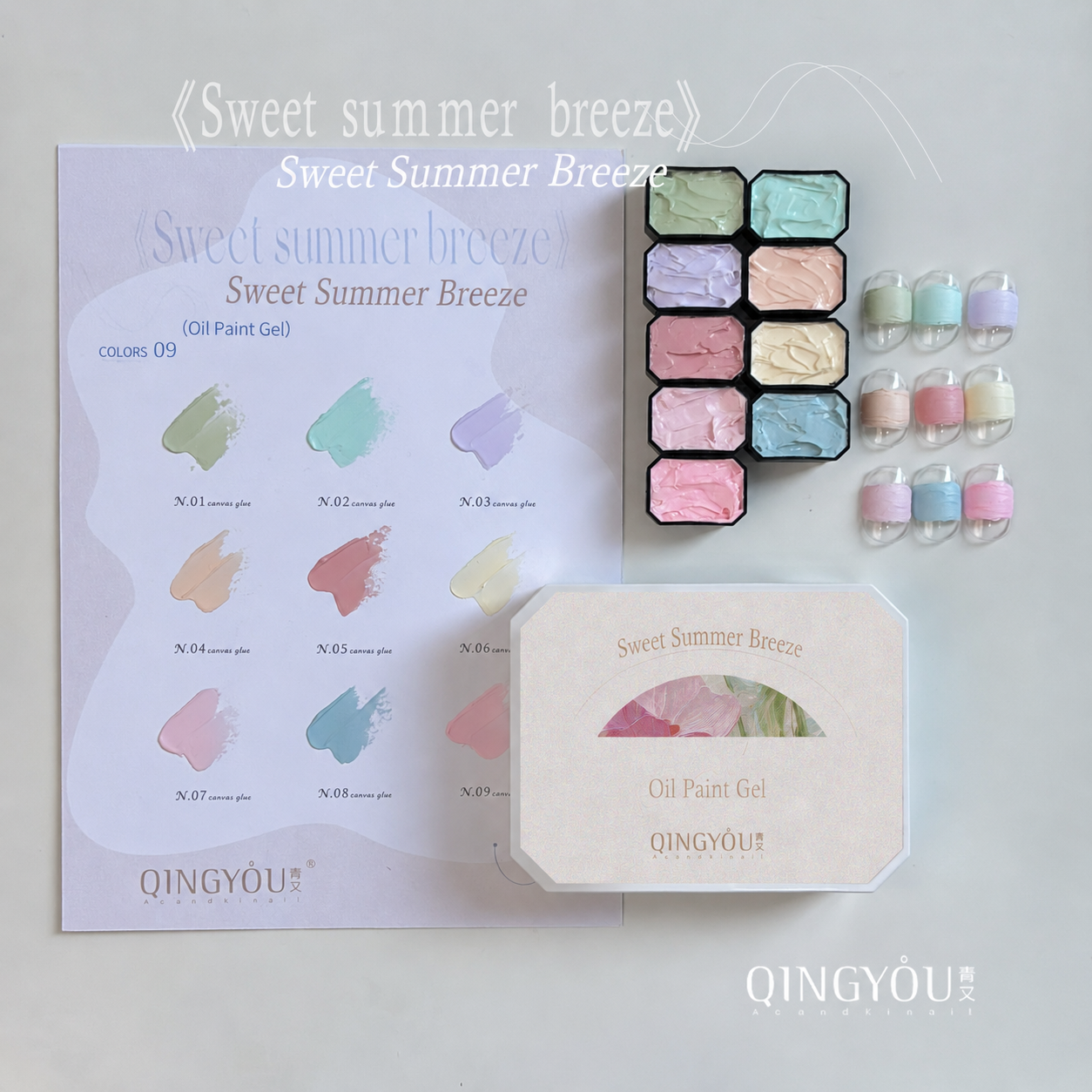 QINGYOU Sweet Summer Breeze oil paint gel set with nine pastel textured gel colours, colour swatches and gift card