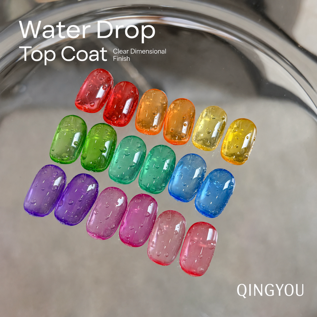 QINGYOU Water Drop Top Coat – clear dimensional finish on colourful nails