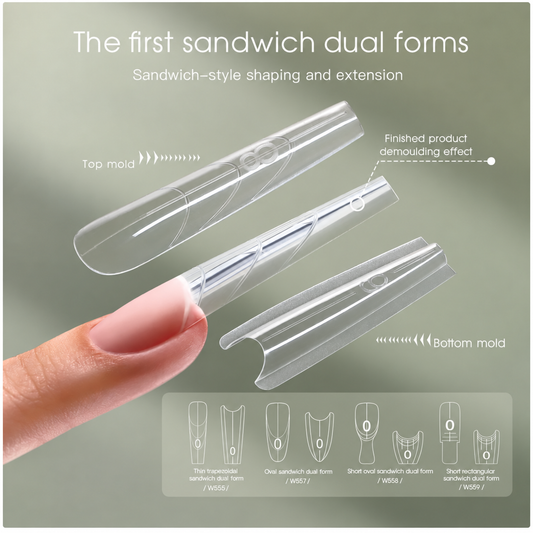 Clear sandwich dual forms with top and bottom molds for shaping and extending salon gel nails.