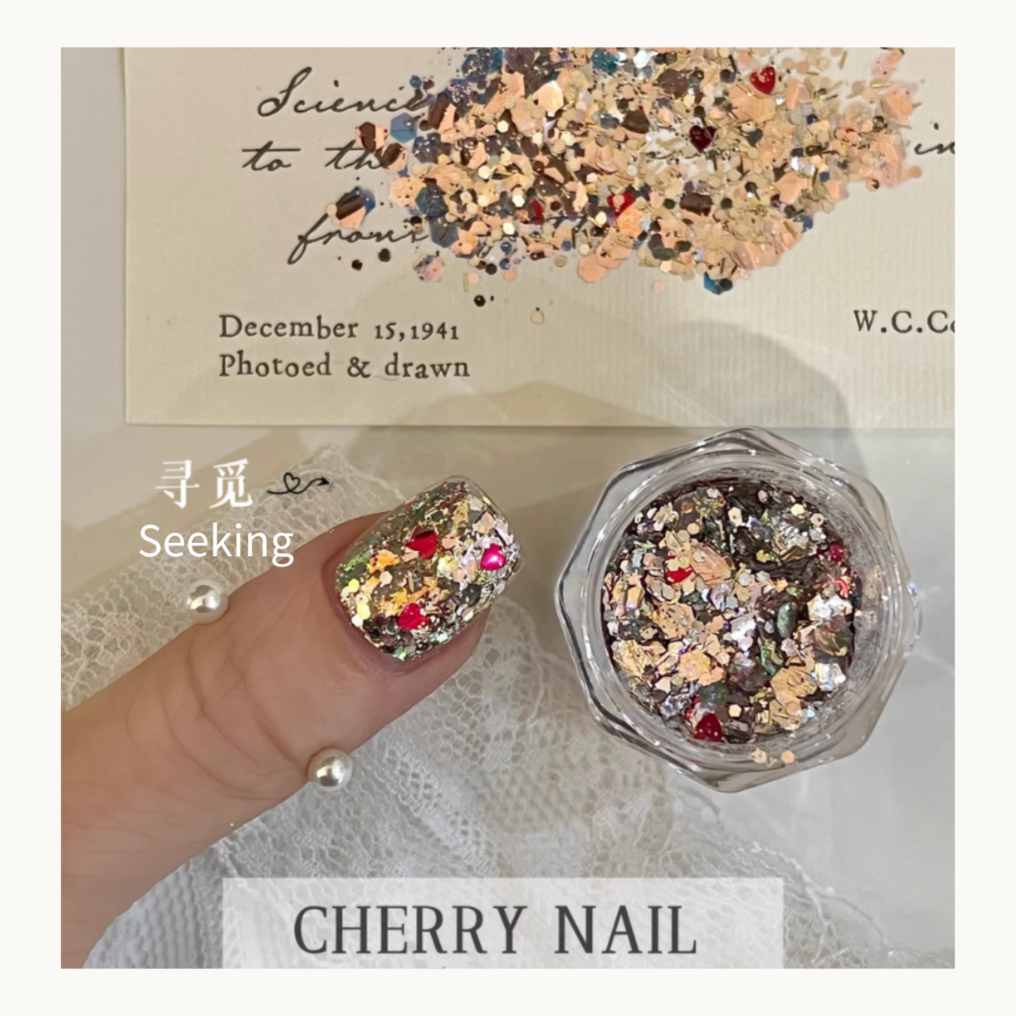 Seeking glitter mix featuring unique red heart-shaped sequins and silver holographic flakes in a jar.