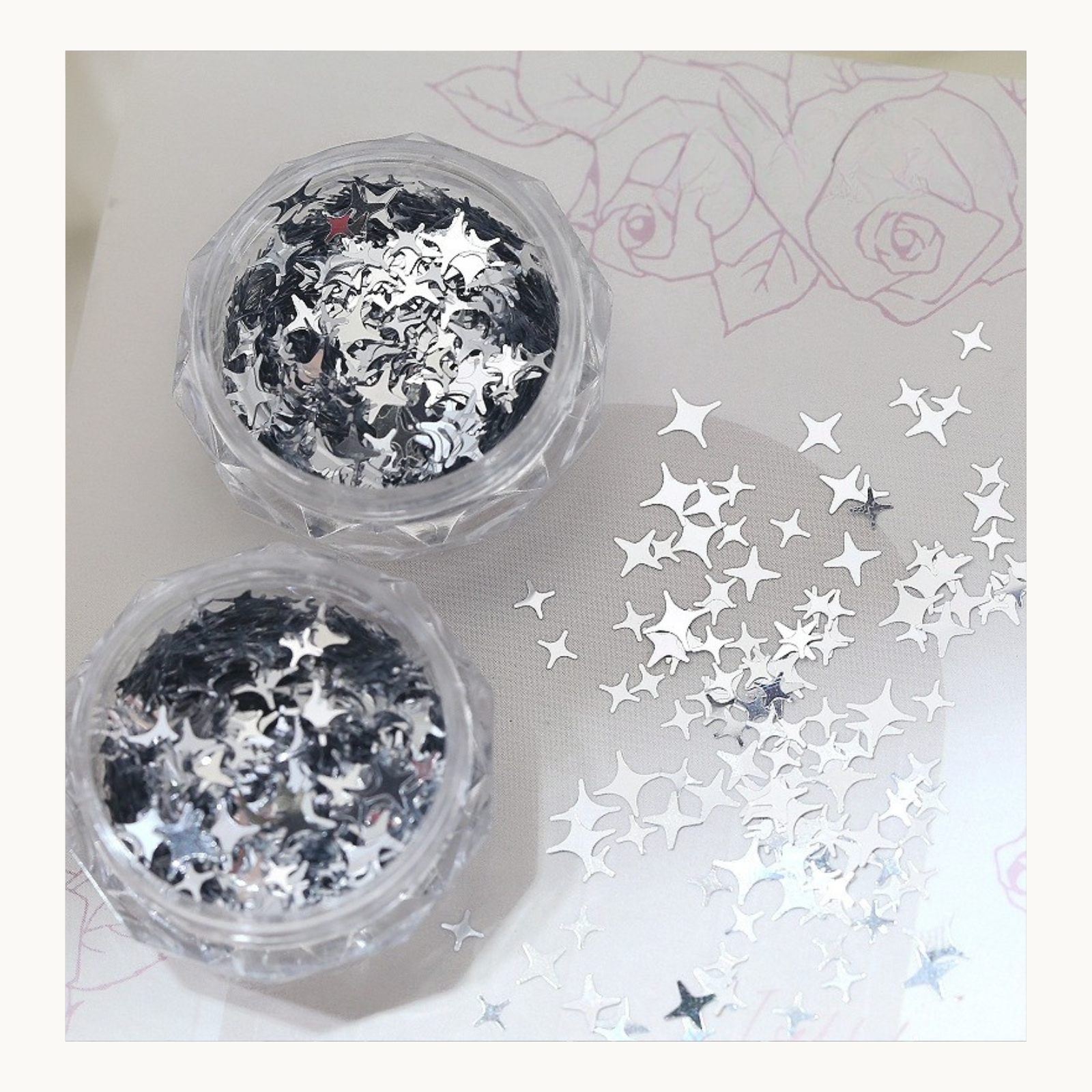 Silver chrome star nail glitter mix for 3D nail art design, metallic reflective star sequins, professional nail supplies in USA and Canada