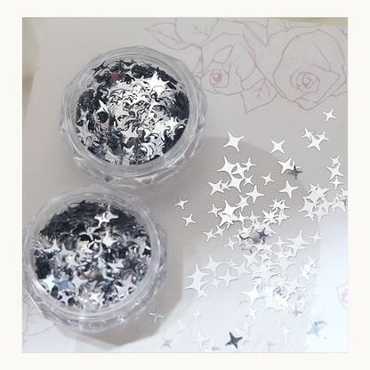 Silver chrome star nail glitter mix for 3D nail art design, metallic reflective star sequins, professional nail supplies in USA and Canada