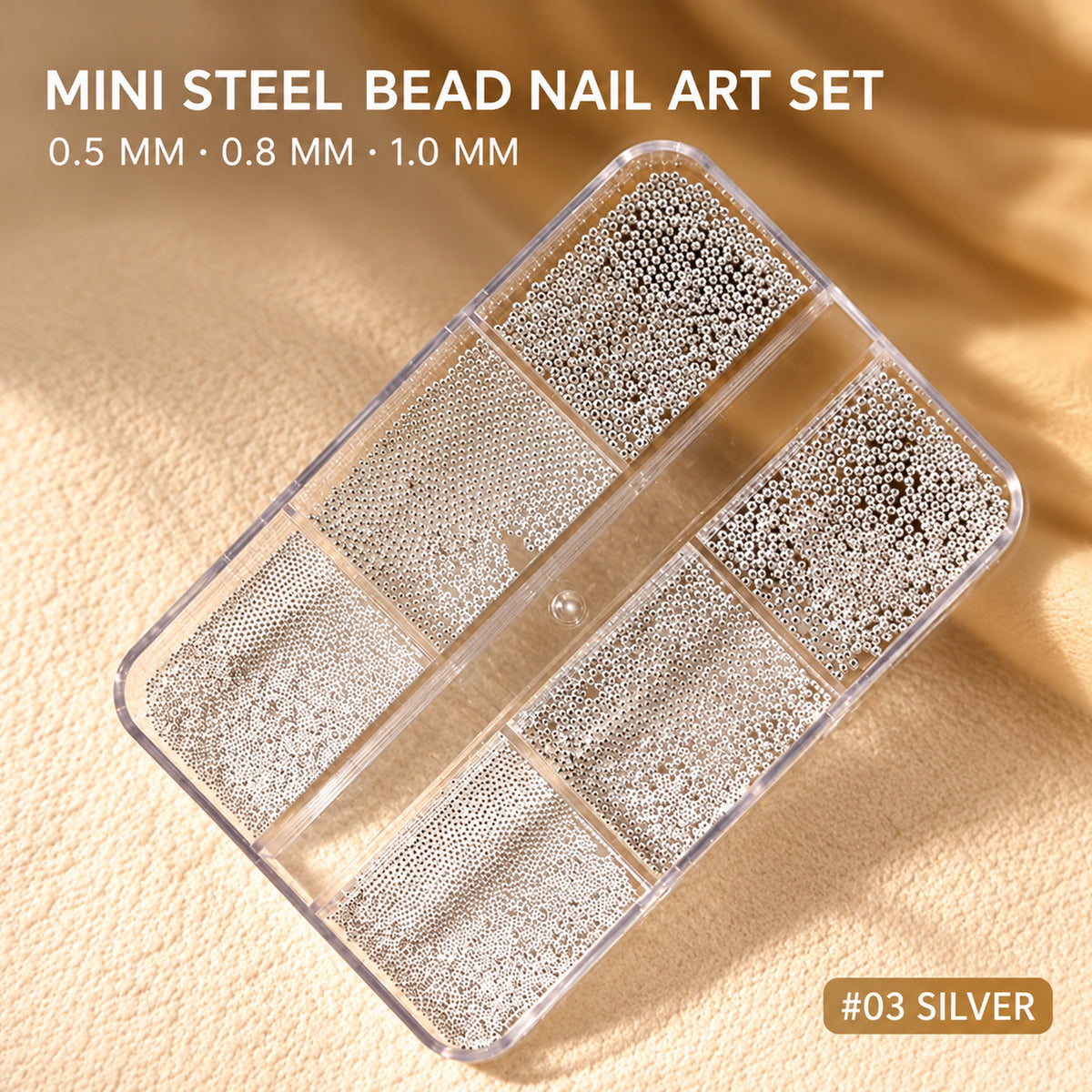 Silver mini steel bead nail art set #03 with six compartments featuring 0.5 mm, 0.8 mm and 1.0 mm beads.