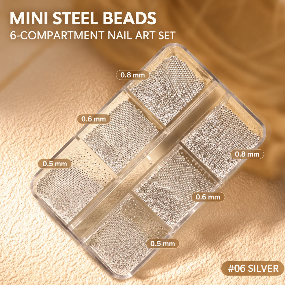 Silver mini steel bead nail art set #06 with six compartments featuring 0.5 mm, 0.6 mm and 0.8 mm beads.