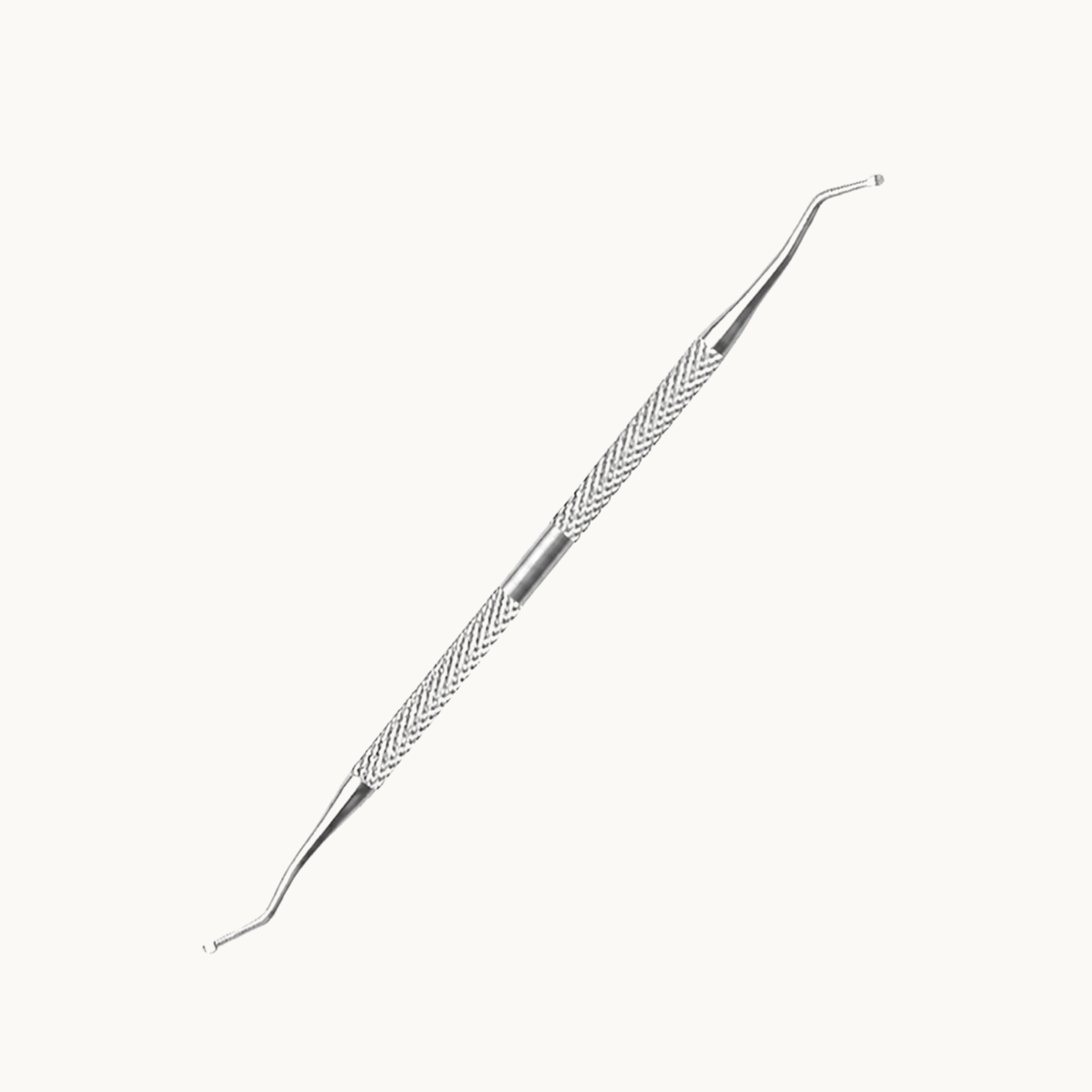 Stainless steel double-ended nail lifter and cleaner with angled curved tips and textured grips for precise nail care.