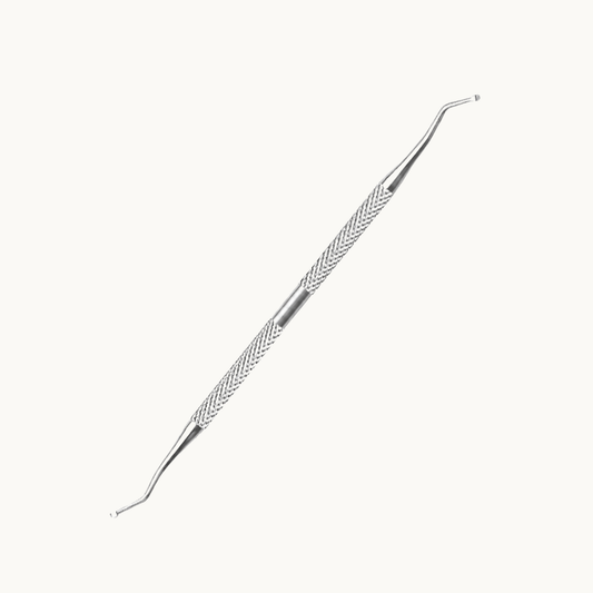 Stainless steel double-ended nail lifter and cleaner with angled curved tips and textured grips for precise nail care.