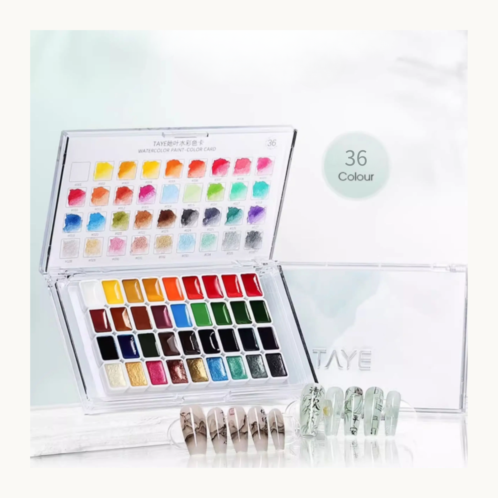 Complete TAYE 36-colour nail watercolor paint set with color chart and sample nail art