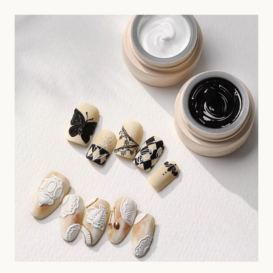 TAYE Black and White 3D Relief Gel Set – no wipe sculpting gel for embossed nail art, mold compatible, chrome powder effect, professional nail salon supplies North America