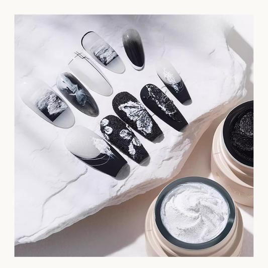 TAYE 3D sand texture gel black and white nail art design with gritty stone effect for professional nail artists in Canada and USA