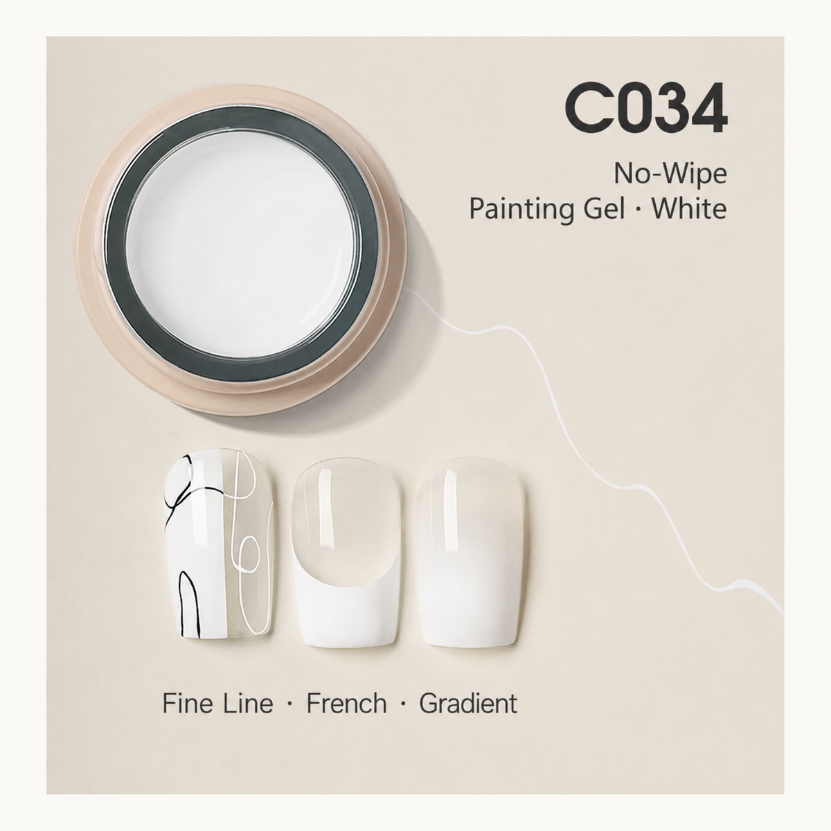 C034 white painting gel with fine-line, French, and gradient nail samples