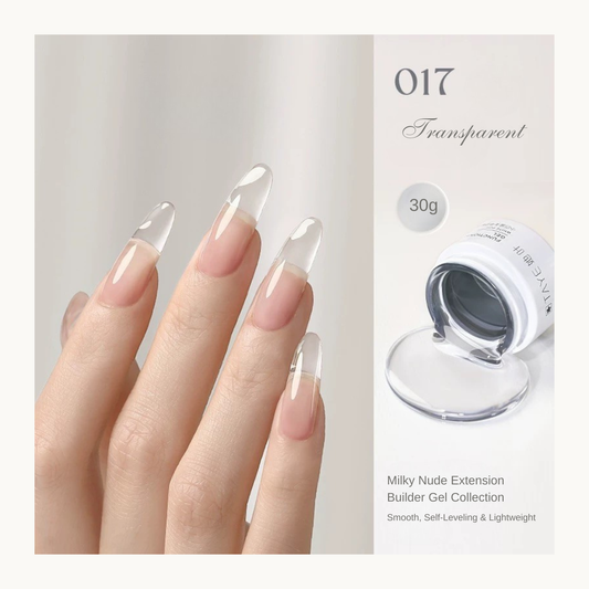 TAYE Transparent Builder Gel 017 crystal clear self-leveling builder gel for overlays, encapsulation, extensions, and nail reinforcement.