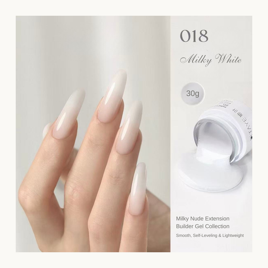 TAYE Milky Nude Builder Gel 018 Milky White classic milky white builder gel with self-leveling formula for clean and elegant nail extensions.